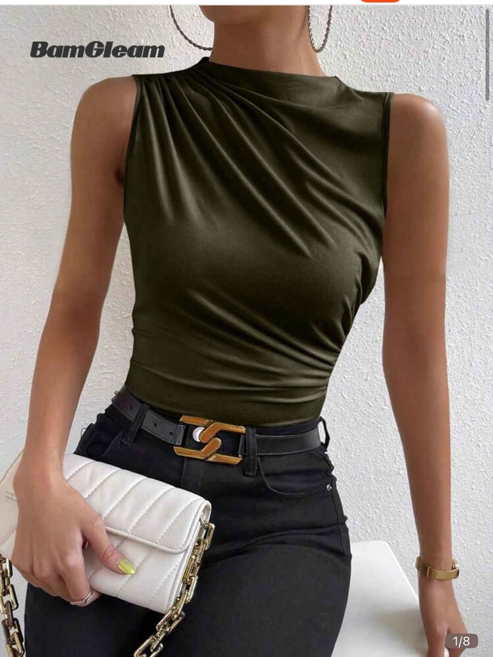 Mock Neck Ruched Tank Top - Army Green